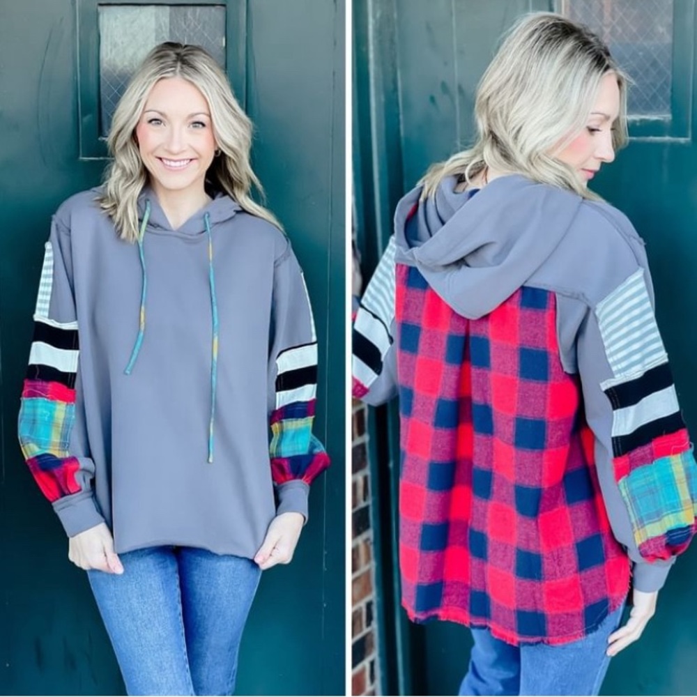 New Easel Ash Hoodie with Plaid Accents Relaxed Fit Size Large HTF